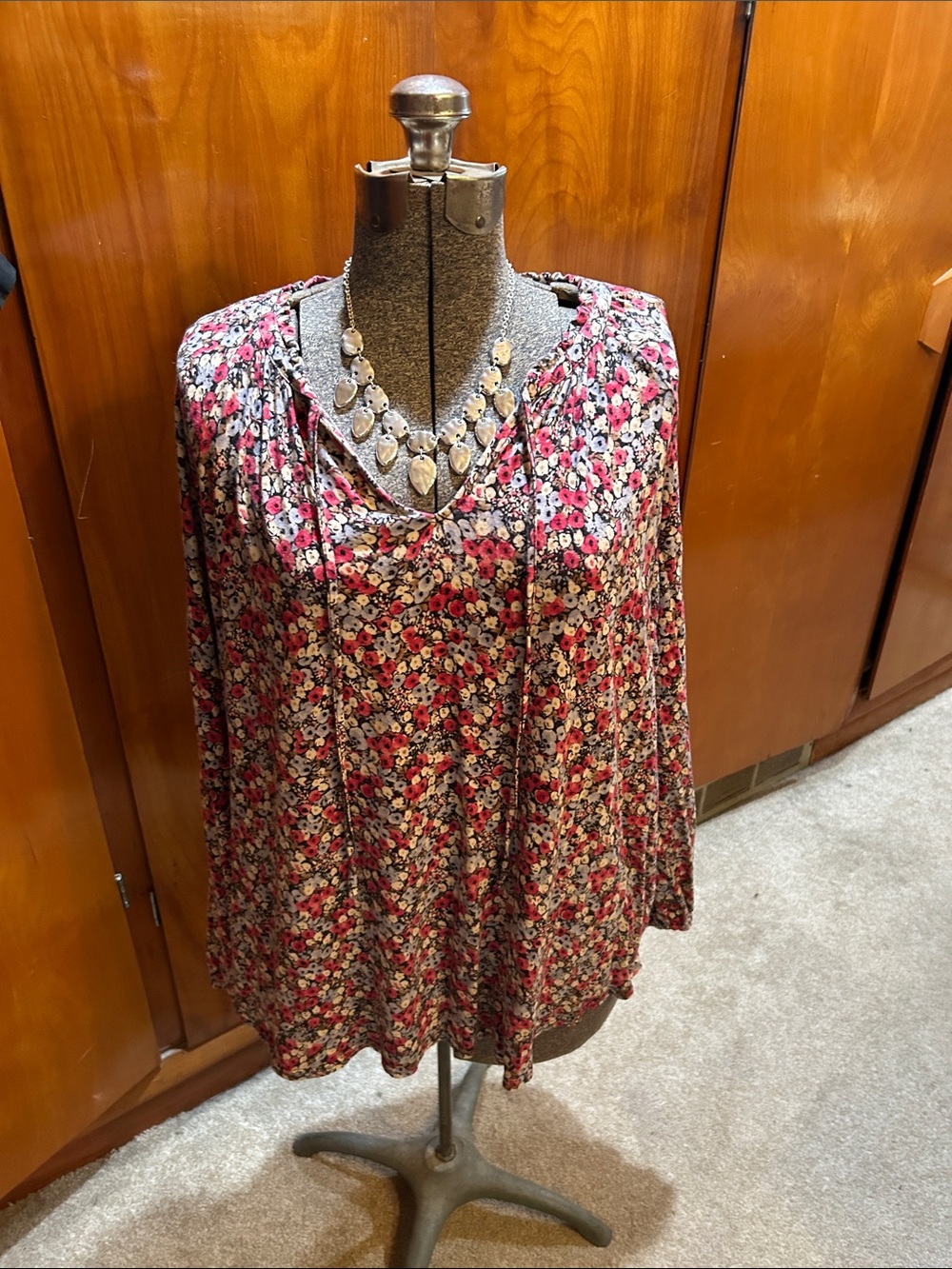 Chaps Pink Multi Floral Tie-Neck Long Sleeve Tunic